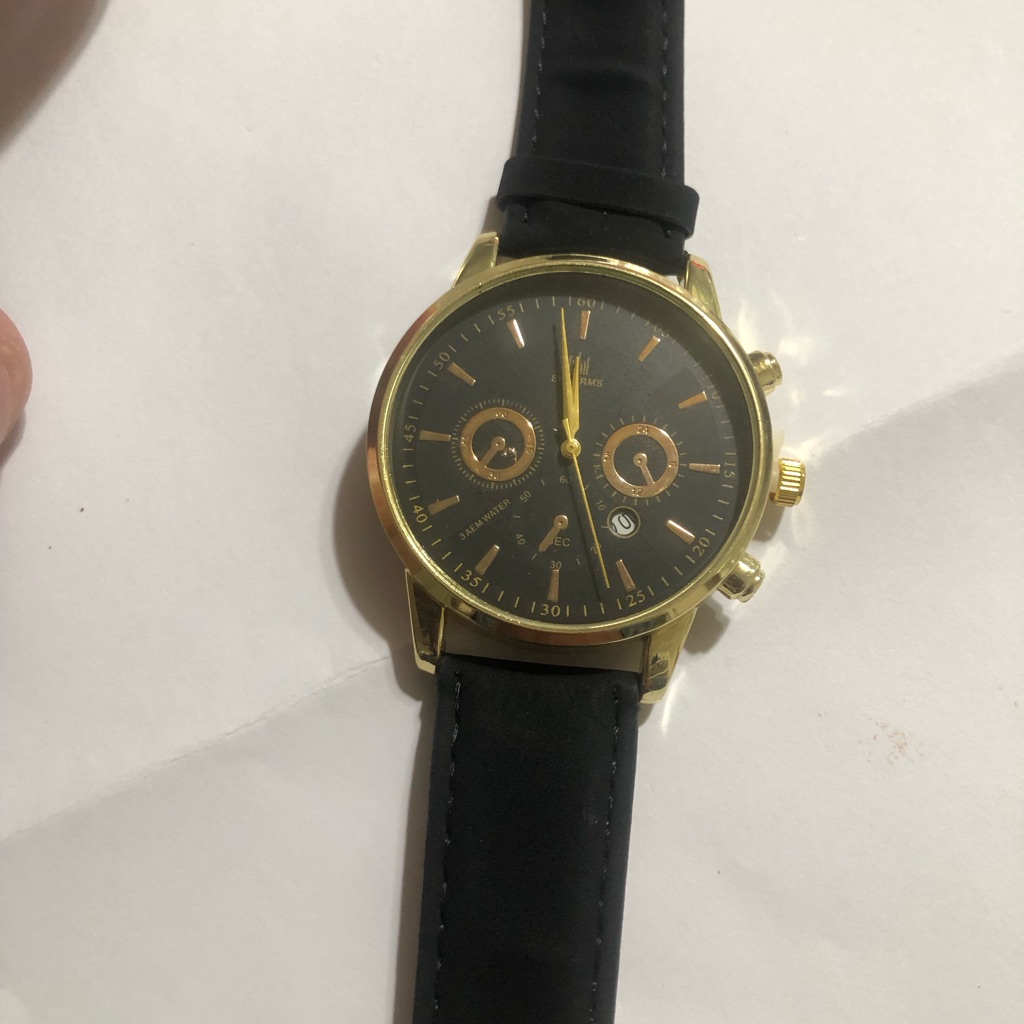Gold And Black Watch With Leather Strap